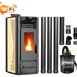 Pachet pentru incalzire format din Semineu (soba) pe peleti cu tiraj fortat Fornello SOPHIA WI-FI 11 kw aspirator kit de evacuare 35 metri telecomanda Wi-fi culoare Ivory