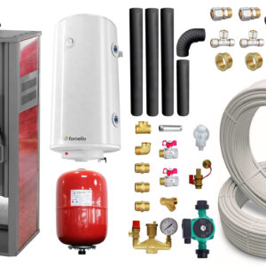 Pachet Termosemineu pe lemne brichete si carbune Fornello Roma E Bordeaux 22 kW 49x45x103 cm boiler termoelectric 100l teava vas expansiune pompa circulatie kit evacuare si fitinguri