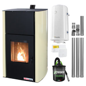 Pachet Termosemineu pe peleti Fornello Fiama Confort 12 kw complet echipat pentru incalzire Pompa Vas expansiune Automatizare Boiler 100 litri Termostat Salus 091FLRFV2 Aspirator Cenusa si Kit evacuare 3.5 ml