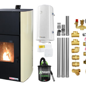 Pachet Termosemineu pe peleti Fornello Fiama Confort 12 kw complet echipat pentru incalzire Pompa Vas expansiune Automatizare Boiler 100 litri Termostat Salus 091FLRFV2 Aspirator Kit evacuare 3.5 ml si Fitinguri montaj
