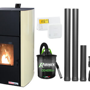 Pachet Termosemineu pe peleti Fornello Fiama Confort 18 kw complet echipat pentru incalzire Pompa Vas expansiune Automatizare Termostat Radio Comanda Salus 091FLRFV2 Aspirator Cenusa si Kit evacuare 2.5 ml