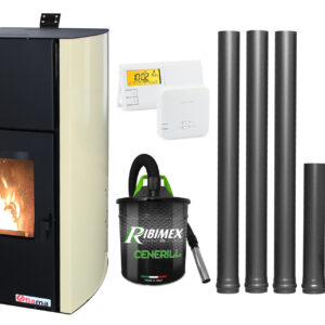 Pachet Termosemineu pe peleti Fornello Fiama Confort 18 kw complet echipat pentru incalzire Pompa Vas expansiune Automatizare Termostat Radio Comanda Salus 091FLRFV2 Aspirator Cenusa si Kit evacuare 3.5 ml