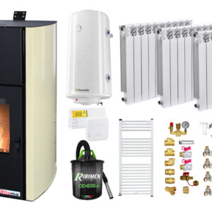 Pachet Termosemineu pe peleti Fornello Fiama Confort 12 kw Pompa Vas expansiune Automatizare Calorifere aluminiu Fornello Alvo Boiler 100 litri Termostat Aspirator Kit 3.5 ml si Fitinguri montaj