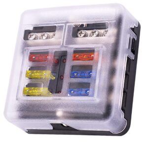 Panou sigurante auto cu 6 circuite, 12V/24V, cu bara negativa, capac protectie, etichete si sigurante incluse – max. 100A / 30A pe circuit