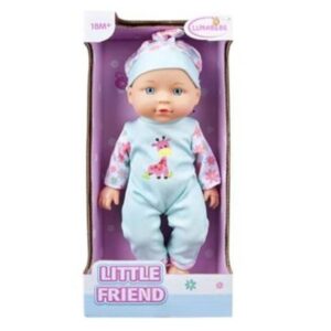 Papusa bebelus Little Friend cu costum albastru si imprimeu girafa, 27 cm