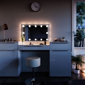 SEA254 - Set Masa alba toaleta moderna cosmetica machiaj oglinda cu LED, masuta vanity