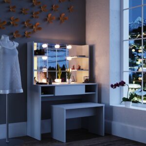 SEA269 - Set Masa toaleta cosmetica machiaj, 100 cm, cu oglinda make-up cu sau fara LED-uri, masuta vanity - Alb