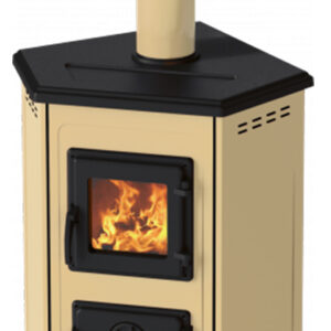 Semineu cu plita din fonta Fiama SD CORNER pe lemnebrichete si carbune putere 6 kW culoare crem