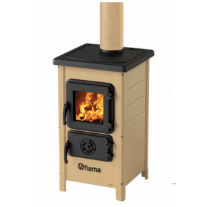 Semineu cu plita din fonta Fiama SD HAPPY pe lemnebrichete si carbune putere 6 kW culoare crem