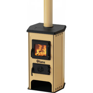 Semineu cu plita din fonta Fiama SD HIT pe lemnebrichete si carbune putere 6 kW culoare crem