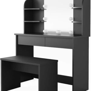 SEN221 - Set Masa neagra toaleta, 108 cm, cosmetica machiaj oglinda masuta vanity, oglinda cu sau fara LED, cu sau fara scaun