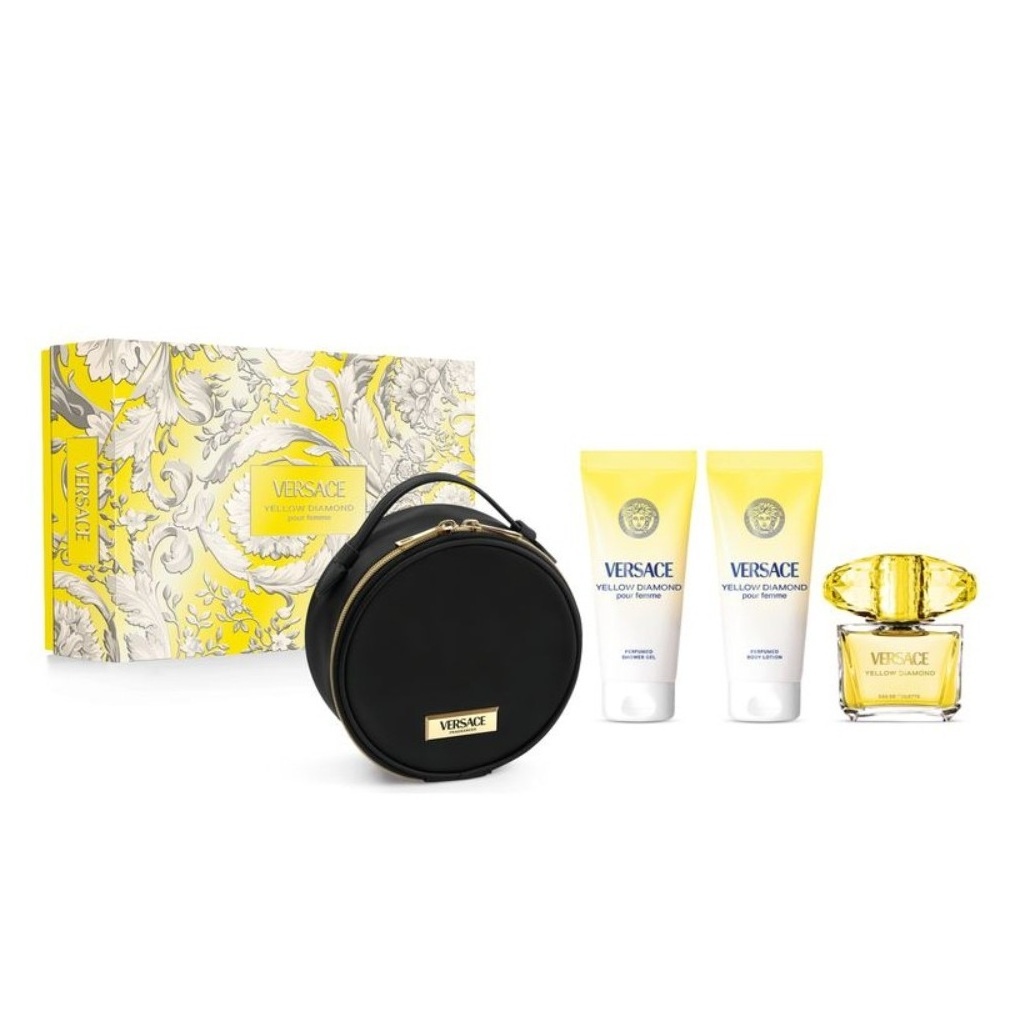 Set Cadou Versace Yellow Diamond, Femei, Apa de Toaleta 90 ml + Gel de dus, 100 ml + Lotiune de corp, 100 ml + geanta