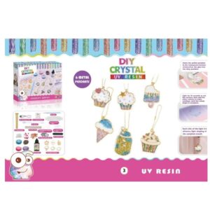 Set creativ DIY cu 6 pandantive metalice, rasina UV, culori si sclipici, lant auriu, tematica desert, recomandat copiilor 8 ani+, multicolor