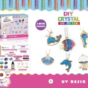 Set creativ DIY cu 6 pandantive metalice, rasina UV, culori si sclipici, lant auriu, tematica ocean, recomandat pentru copii 8 ani+, multicolor
