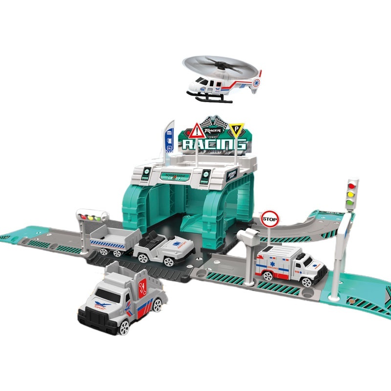 Set parcare cu elicopter, masini de interventie si harta de joc, 37 piese