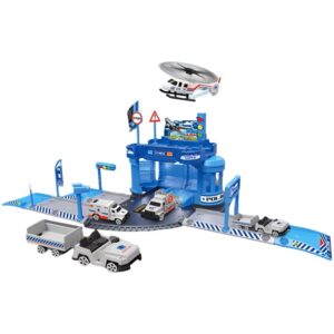 Set parcare politie cu elicopter, masini si harta de joc, 37 piese