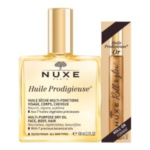Set Ulei multifunctional 100 ml + Roll On pentru fata si decolteu Huile Prodigieuse Or 8 ml, Nuxe