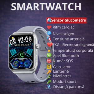 SmartWatch cu Apel Bluetooth, Senzor Glucometru, Analiza Impedantei Bioelectrice, EKG, HRV, Nivel Radiatii, Temperatura Corporala, Ritm Cardiac, Nivel Oxigen, Tensiune Arteriala S778