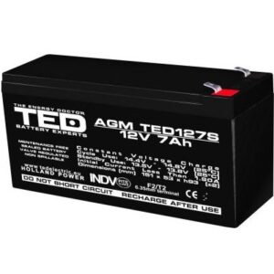 Acumulator TED AGM VRLA 12V 7Ah F2 dimensiuni reduse 149mm x 49mm x h 95mm TED003195