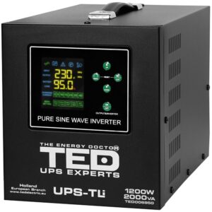 UPS pentru centrala termica (pe lemne / gaz) TED Electric 2000VA/1200W TED006950, unda sinusoida pura, borne externe 12v, suporta acumulator Litiu/Pb