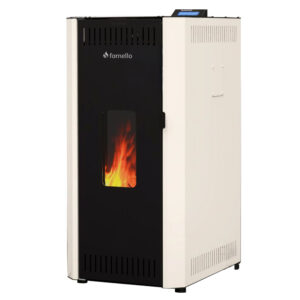 Pachet termosemineu pe peleti Fornello CALORE COMPACT 25 kW pompa electronica vas expansiune arzator inox grup de siguranta kit evacuare 2.5 ml sistem de curatare MECANICA a creuzetului si drumurilor de fum culoare alb