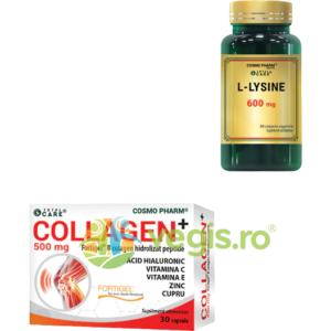 Pachet Colagen Hidrolizat Peptide (Collagen+Fortigel ® B) 500mg 30cps + L-Lysine 600mg 30cps vegetale