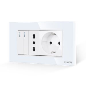 Intrerupator Dublu + Priza Ingusta + Priza Schuko cu Rama din Sticla LUXION, Standard Italian, 4M