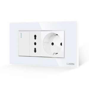 Intrerupator Simplu + Priza Ingusta + Priza Schuko cu Rama din Sticla LUXION, Standard Italian, 4M