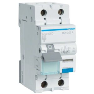 Disjunctor diferential RCBO 1P+N 25A/30mA, B, 6kA, tip A Hager ADA925D