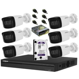 Sistem de supraveghere Dahua DH-6CEXT80MA-5MP HDCVI cu 6 camere de exterior de 5MP, 3.6mm, IR 80m, microfon