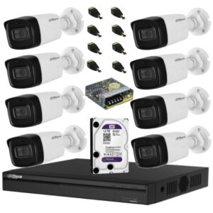 Sistem complet de supraveghere Dahua DH-8CEXT80MA-5MP HDCVI cu 8 camere de exterior de 5MP, 3.6mm, IR 80m, microfon