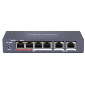 Switch 4 porturi PoE Hikvision DS-3E0106P-E-M, long-range 300m, 2x uplink, fara management