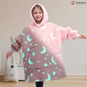 Hanorac patura cu maneci fete Luna Fosforescenta Roz cu buzunar cangur Flanel  Polar 440g mp 105 cm