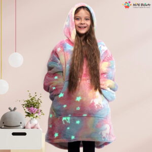 Hanorac patura cu maneci fete Unicorn Fosforescent cu buzunar cangur Flanel  Polar 440g mp 105 cm