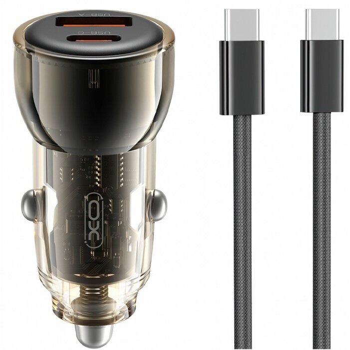 Incarcator Auto CC60 60W 3A 1x USB-A 1x USB-C cu Cablu USB-C Negru