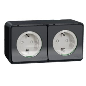 Priza dubla, 2P+E Mureva Schneider MUR36029, obt fara surub, 250V, 16A, IP55, PT gri