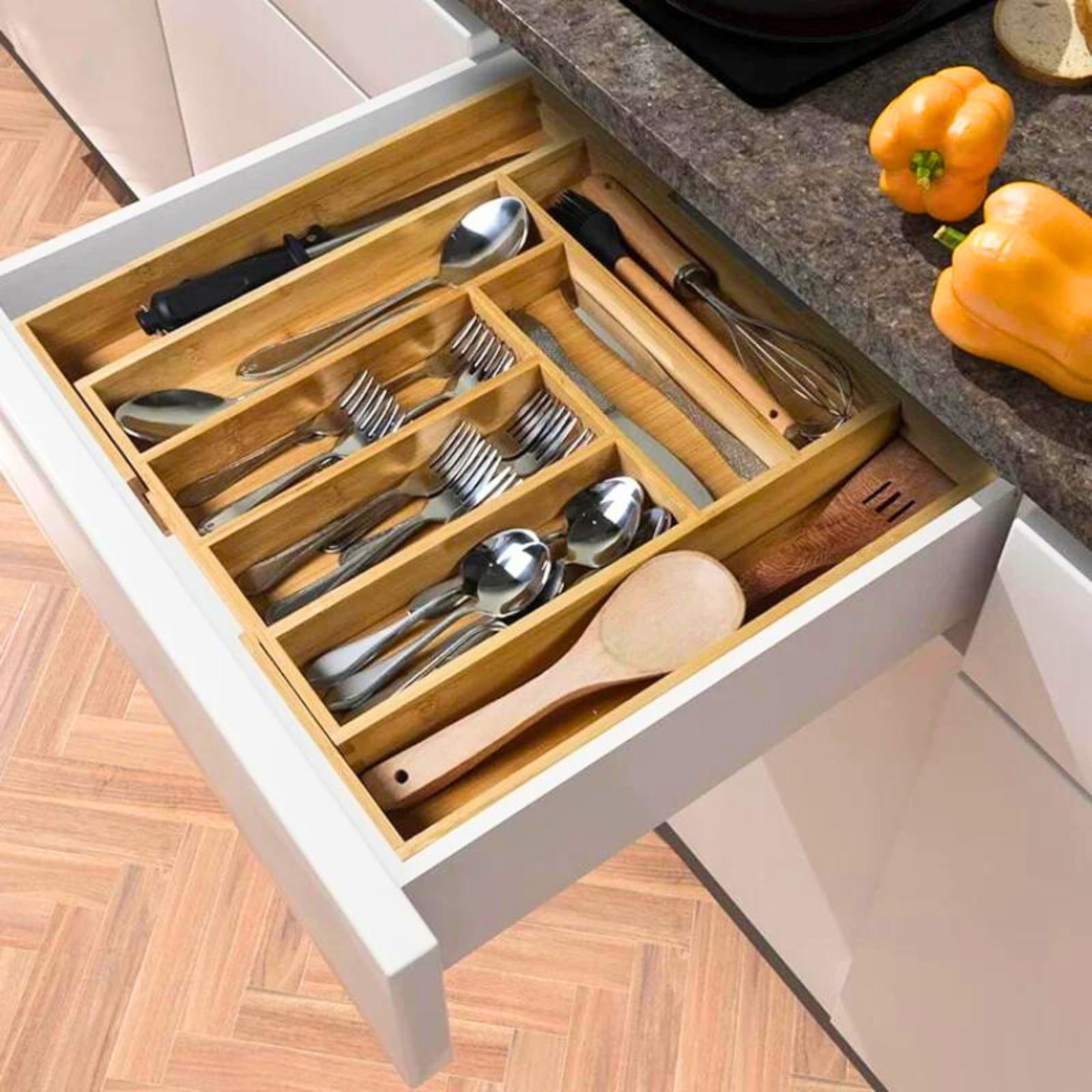 Organizator ajustabil din bambus pentru tacamuri 8 compartimente