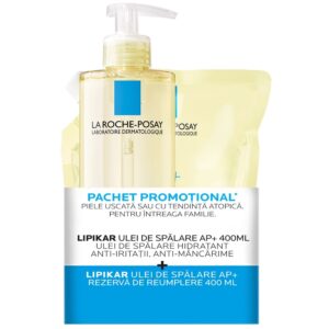 Pachet Ulei de spalare hidratant pentru piele uscata sau cu tendinta atopica La Roche-Posay Lipikar AP+, 400 ml + Rezerva, 400 ml