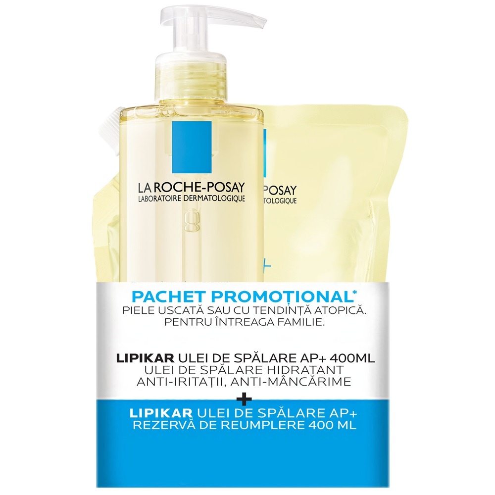 Pachet Ulei de spalare hidratant pentru piele uscata sau cu tendinta atopica La Roche-Posay Lipikar AP+, 400 ml + Rezerva, 400 ml
