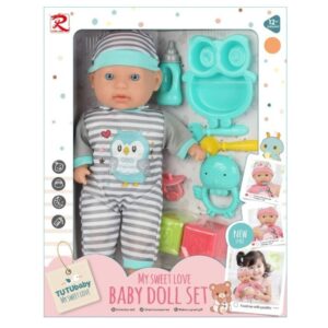 Papusa bebelus cu accesorii, vesela si jucarii, 33 cm
