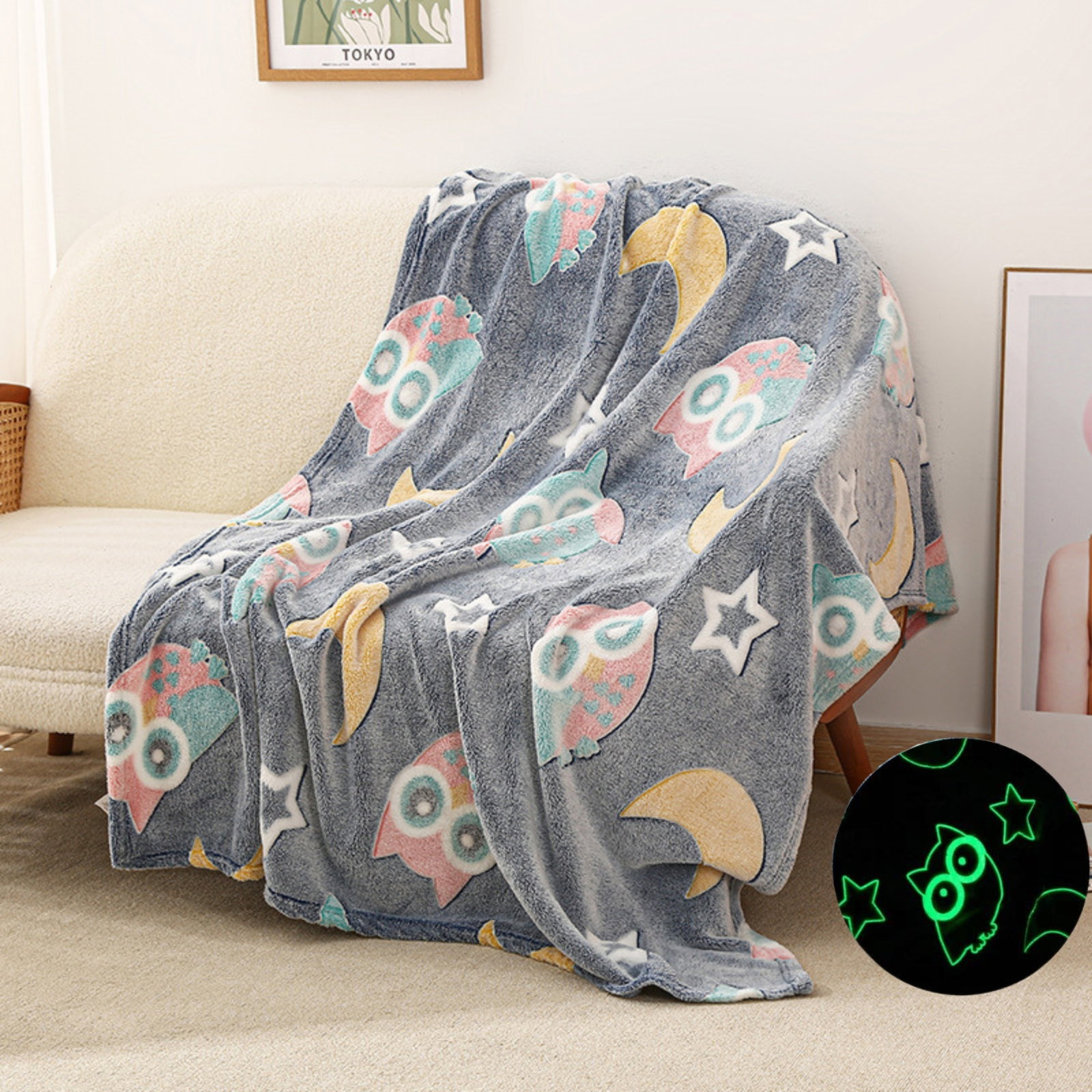 Patura Fosforescenta cu Bufnite Flanel 130 x 150 cm