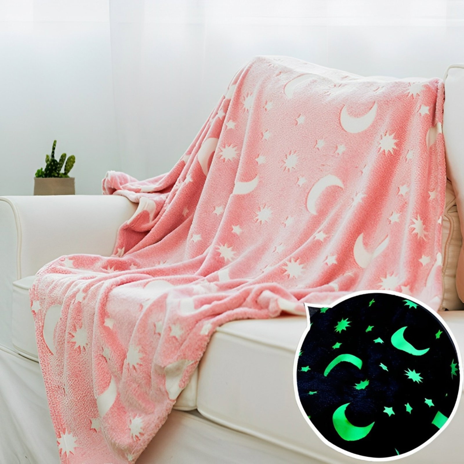Patura Luna Fosforescenta Roz Flanel 130 x 150 cm