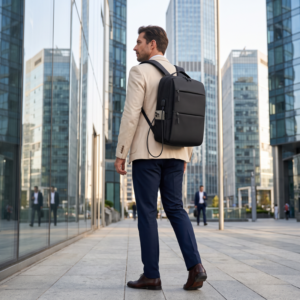 Rucsac calatorie si laptop 15.6 inch Gentleman Tech cu Port USB, 42x30x12 cm, Bagaj de mana gratuit avion WizzAir Ryanair, Material impermeabil Oxford, Negru