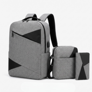 Set 3 in 1 Rucsac calatorie si laptop cu USB, Geanta si Portofel, Rucsac 41x30x13 cm, Poliester durabil, Ideal pentru scoala, birou si City Break, Gri