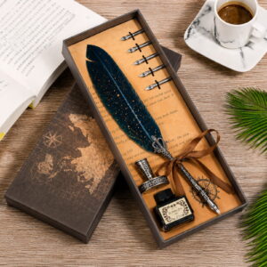 Set cadou Caligrafie Vintage cu Pana albastra si Cerneala si Accesorii, 7 piese