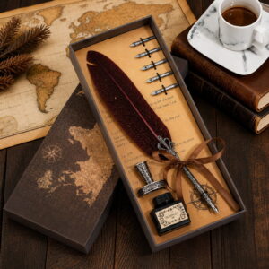 Set cadou Caligrafie Vintage cu Pana rosie si Cerneala si Accesorii, 7 piese