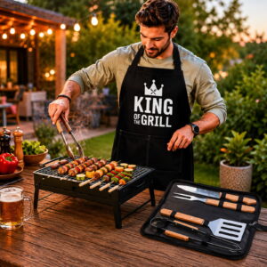 Set Cadou pentru Barbati King of the Grill cu Gratar Portabil, Sort si Accesorii BBQ