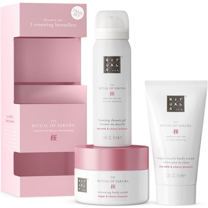 Set Kit Rituals The Ritual Of Sakura Spuma de dus, 50 ml + Exfoliant de corp cu zahar, 125 ml + Crema de corp, 70 ml, Unisex