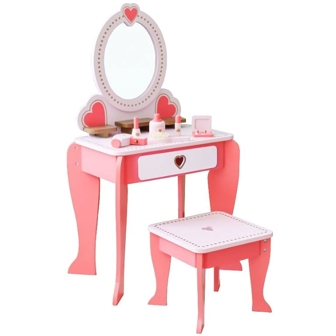 Set Masa de Toaleta pentru Fetite 92 x 34 x 49cm Scaun si Oglinda Accesorii Par si Machiaj Lemn 3+ Ani Roz