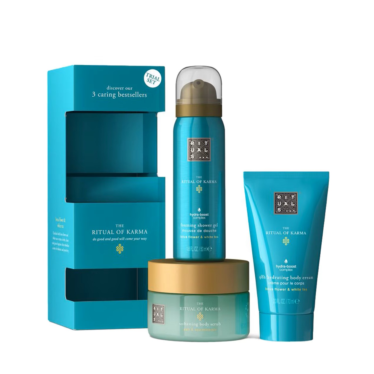Set Rituals The Ritual of Karma, Spuma de dus, 50 ml + Exfoliant de corp cu zahar, 125 ml + Crema de corp, 70 ml, Unisex